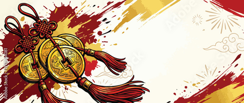 Chinese New Year Gold Coin Charms with Red Tassels and Ink Splatter Background