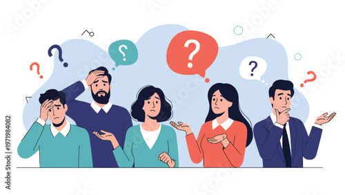Large group of concerned people expressing confusion and doubt with multiple question marks floating above their heads in an office.