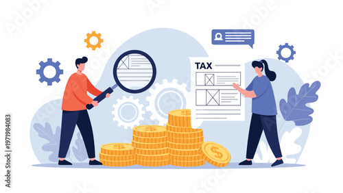 Professional auditors using a magnifying glass to inspect tax documents over a large pile of gold coins to ensure financial compliance.