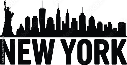 Title new york city silhouette with landmark buildings and bold typography description a striking black silhouette of the new york city skyline