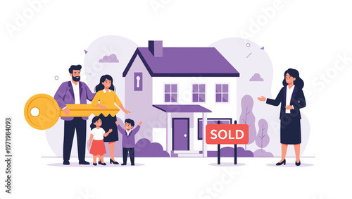 Joyful family standing in front of their new house with a sold sign while a real estate agent hands them a giant key for the home.