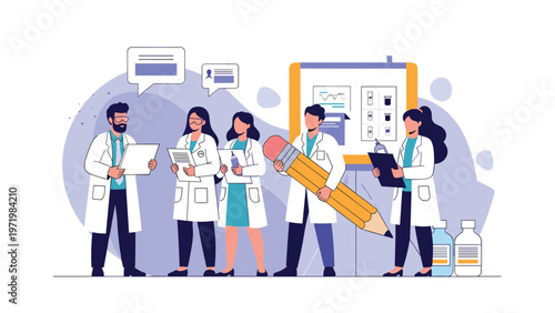Group of medical researchers in lab coats collaborating on a project with one scientist holding a giant pencil for data analysis.