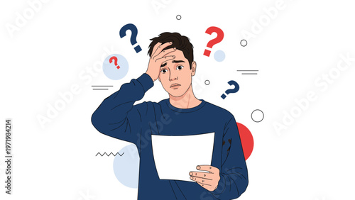 Concerned young man looking worried while holding a piece of paper with question marks floating in the background for bad news.
