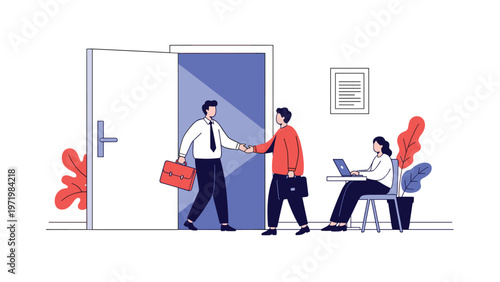 Two professional businessmen shaking hands in an office doorway while a receptionist works on a laptop in the modern background.