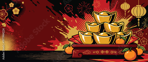 Chinese New Year Gold Ingots Presentation with Festive Decorations