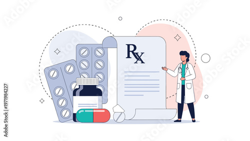 Healthcare professional in a lab coat presenting a large medical prescription alongside various pills, blisters, and medicine bottles.