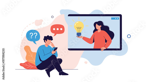 Young man sitting on the floor with a smartphone receiving creative ideas and answers from a woman appearing on a large digital screen.