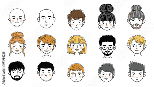 Set of fifteen diverse human portraits showing various hairstyles, facial features, and expressions representing different ethnicities and styles.