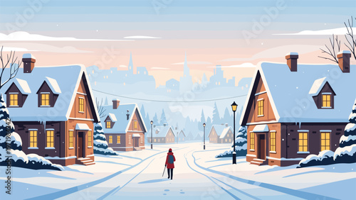 Lone traveler in a red coat walking down a peaceful snow-covered street in a quiet village with houses during a winter sunset or dawn.