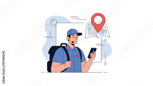 Professional delivery courier with a backpack checking the destination on a smartphone map for efficient package transport and logistics.