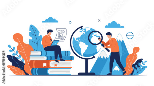 Two students exploring geography and earth science with a large globe, magnifying glass, and a stack of books against a mountain backdrop.