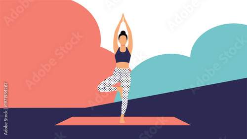 Young woman practicing the tree pose yoga position for mindfulness and physical balance against a colorful abstract geometric background.