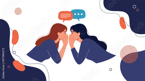 Two female friends whispering secrets and sharing gossip with each other indicated by speech bubbles and abstract background elements.