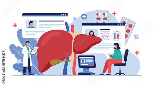 Medical team of doctors analyzing human liver health with digital charts, pills, and patient data in a laboratory or clinical setting.