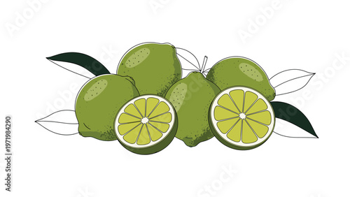 Detailed illustration of fresh green limes with whole fruits, sliced halves, and dark leaves isolated on a plain white background.