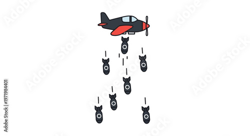 Military Airplane Dropping Bombs Vector Illustration with Flat Design Style for War, Conflict, and Historical Event Representation Graphics