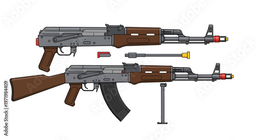 Military Assault Rifle Vector Illustration with Disassembled Parts and Assembled Weapon, Flat Design Graphic for Security and Weaponry Concepts