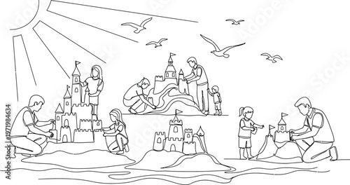 people building sandcastles on beach