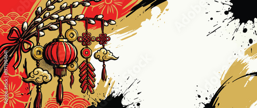 Chinese New Year Ornaments with Pussy Willow Branch and Abstract Background