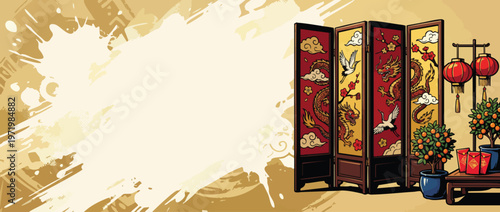 Chinese New Year Presentation with Festive Folding Screen and Lanterns