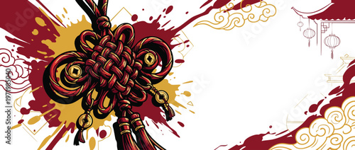 Chinese New Year Traditional Knot with Gold Splashes and Lanterns