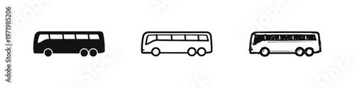 Coach bus or intercity bus icon set, ideal for long-distance travel, tourism, and expedition symbols.