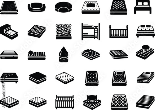 Mattress and bed icons - sleep furniture and bedding essentials with bunk bed with sleep system