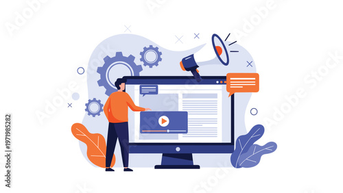 Marketing professional managing digital content and advertising strategy on a large screen with megaphone symbol.