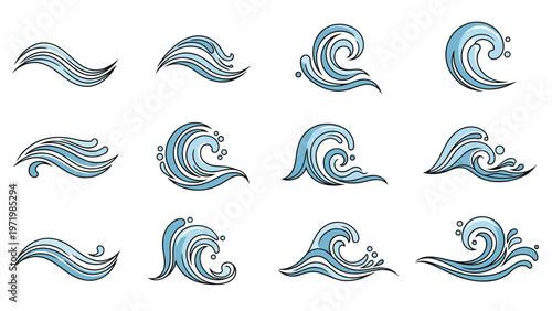 Beautiful collection of blue ocean wave icons in various shapes and styles for nautical and nature related designs.