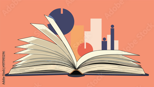 Knowledge and data concept featuring an open book with various infographic charts and statistical bars rising up.