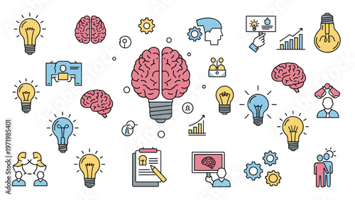 Detailed collection of icons symbolizing human intelligence, creative ideas, psychological research, and innovation through brain and light bulb motifs.