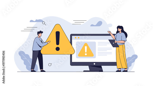 Concerned users pointing at a large yellow exclamation mark warning sign on a computer screen indicating a system error or alert.