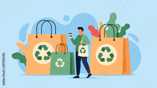 Environmentally conscious man carrying several reusable paper shopping bags with recycle symbols advocating for sustainable consumer habits.