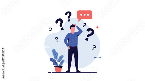 Confused young man scratching his head while being surrounded by many floating question marks and a speech bubble with dots.