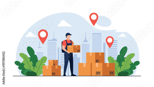 Dedicated delivery worker holding a cardboard box standing among stacks of packages with location pins over a city landscape.