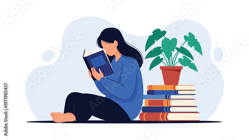 Studious girl sitting on the floor reading a book while leaning against a large stack of textbooks with a healthy potted plant.