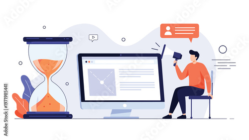 Professional man making an important announcement through a megaphone next to a computer and a large hourglass for time limit.