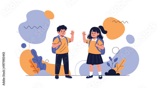 Friendly young students wearing backpacks waving to each other on their way to school with vibrant abstract shapes in the background.