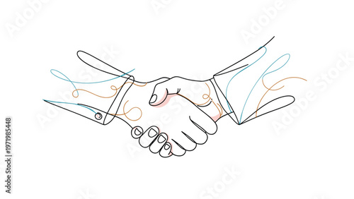 Artistic continuous line drawing of a firm handshake between two people with vibrant colorful swirling lines in the background.
