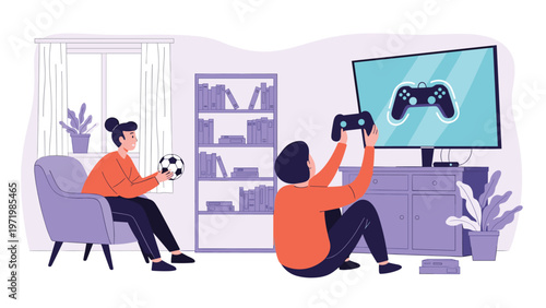 Couple spending quality time at home with one person playing video games on a big screen and the other relaxing on a purple chair.