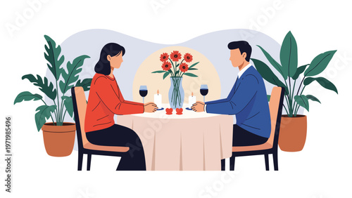 Romantic young couple sharing a candlelit dinner with wine and a vase of red flowers at a sophisticated restaurant table.