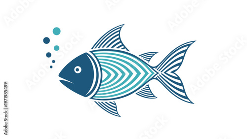 Artistic minimalist blue fish icon composed of geometric stripes with small bubbles on a white background for nautical branding.
