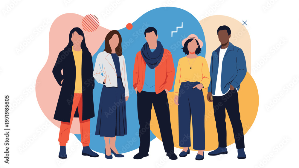 Obraz premium Diverse group of stylish young people standing together against colorful abstract background representing unity.
