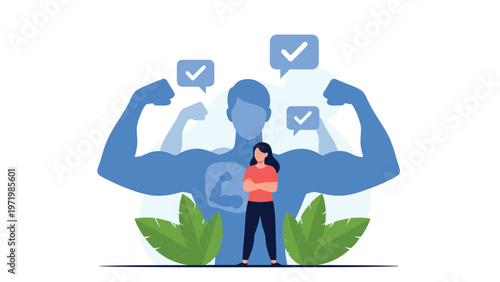 Confident and empowered woman standing in front of a giant muscular shadow symbolizing inner strength and bravery.