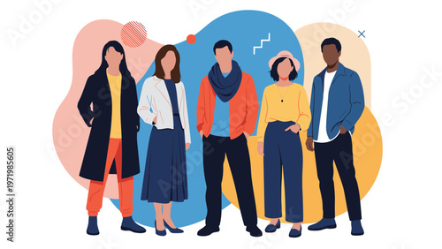 Diverse group of stylish young people standing together against colorful abstract background representing unity.