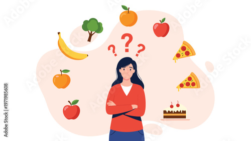Young woman choosing between healthy fruits and unhealthy fast food options like pizza and cake for her daily diet.