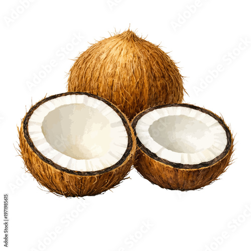A charming watercolor illustration of coconut slices featuring whole and halved tropical fruit with textured brown husk and white flesh illustrated in a natural food style.
