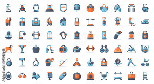 Fitness and Gym Icon Set: Dumbbells, Kettlebells, Weights, Treadmill, Yoga Mat, and More