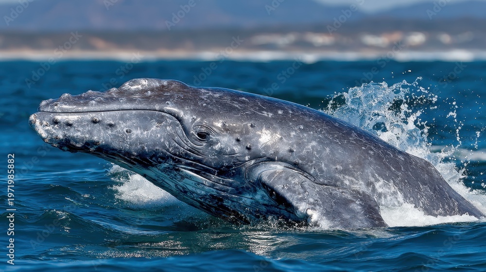 Fototapeta premium Magnificent Whale Breaching the Ocean Surface on a Sunny Day off Coast