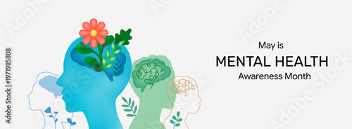 May is Mental Health Awareness Month banner. Psychotherapy concept illustration.